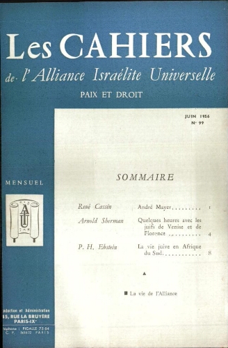 Les Cahiers de l'Alliance Israélite Universelle (Paix et Droit).  N°099 (01 juin 1956)
